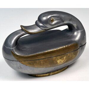 VTG MCM PENCO 7" Pewter Brass Lidded Duck Trinket Decorative Box Bowl Hong KONG
